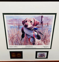 Load image into Gallery viewer, James Killen - 1996 Trout Unlimited Stamp Print With Stamp - Collectors Edition With Gold Medallion &quot;Proud Retrieve&quot; - Brand New Custom Sporting Frame