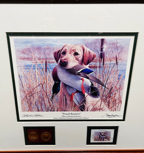 James Killen - 1996 Trout Unlimited Stamp Print With Stamp - Collectors Edition With Gold Medallion "Proud Retrieve" - Brand New Custom Sporting Frame