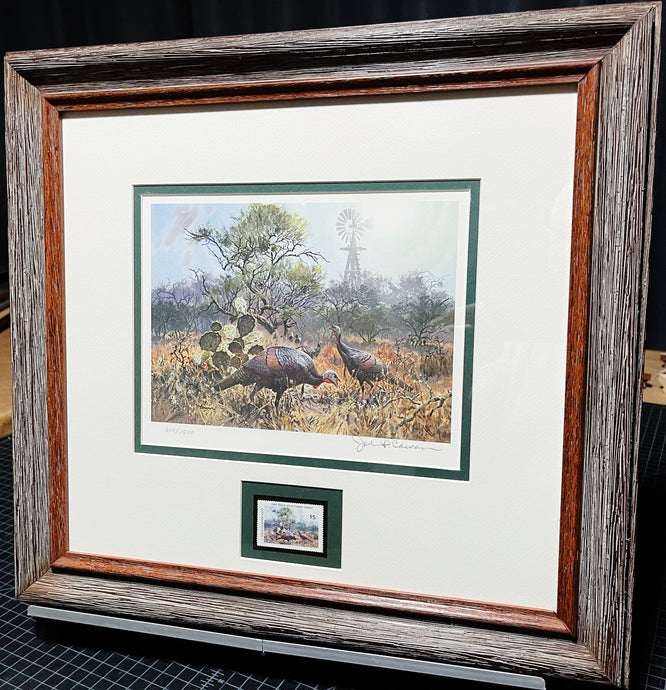 John P. Cowan 1985 Texas Wild Turkey Stamp Print With Stamp - Brand New Super Custom Sporting Frame