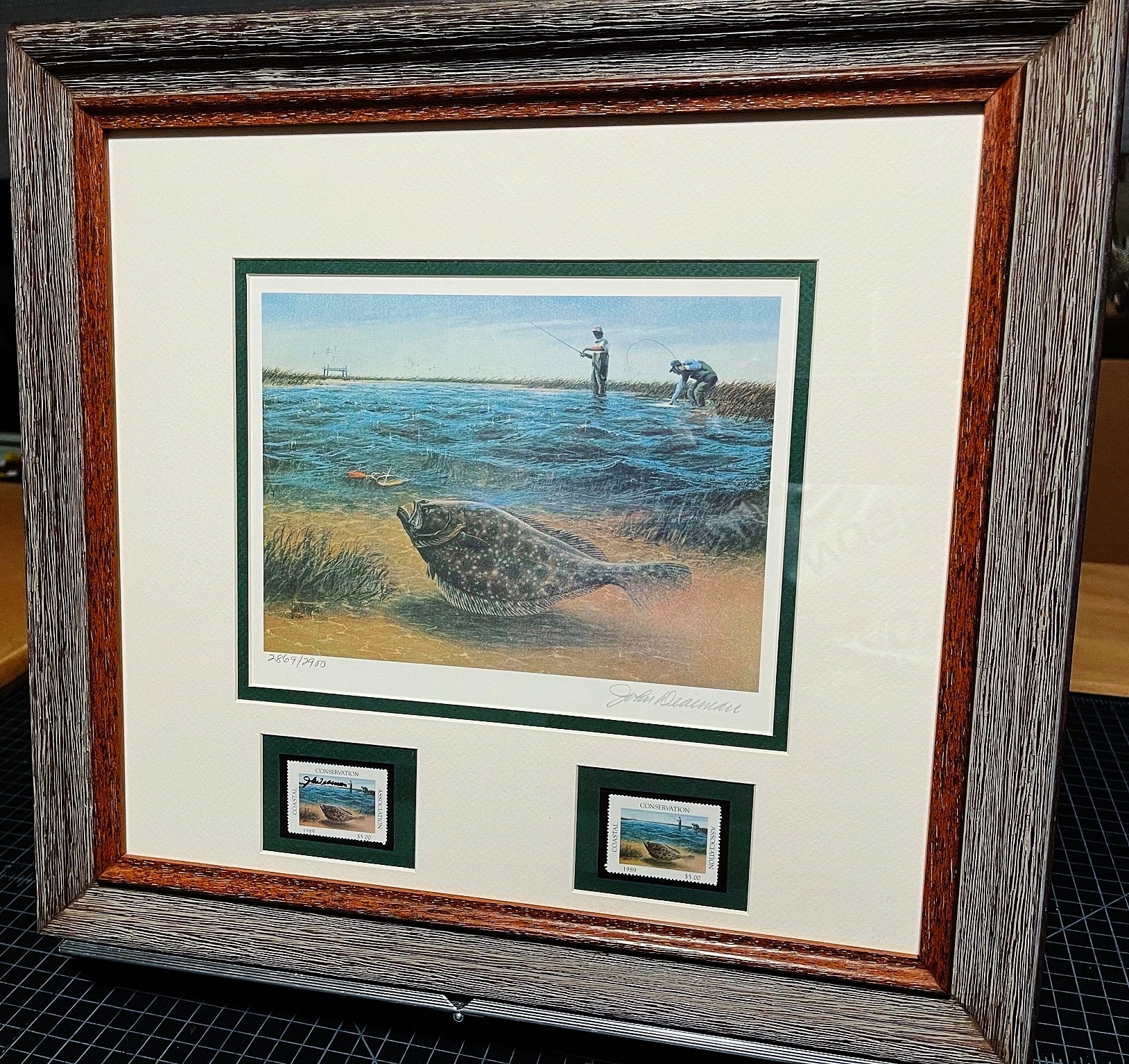 John Dearman 1989 Coastal Conservation Association CCA Stamp Print With Double Stamps - Brand New Custom Sporting Frame
