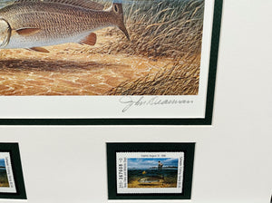 John Dearman  1990 Texas Saltwater TPWD Stamp Print With Double Stamps - Brand New Custom Sporting Frame