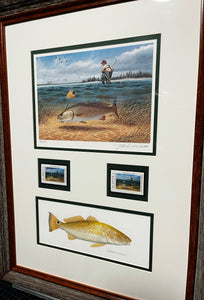 John Dearman  1990 Texas Saltwater Stamp Print With Double Stamps - AP Original Watercolor Inlay - Brand New Custom Sporting Frame