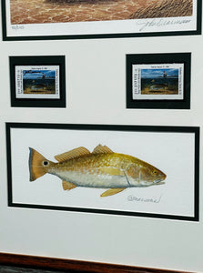John Dearman - 1990 Texas Saltwater Stamp Print With Double Stamps - AP Original Watercolor Inlay - Brand New Custom Sporting Frame