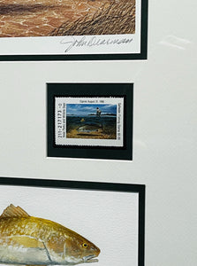 John Dearman - 1990 Texas Saltwater Stamp Print With Double Stamps - AP Original Watercolor Inlay - Brand New Custom Sporting Frame