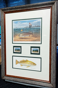 John Dearman - 1990 Texas Saltwater Stamp Print With Double Stamps - AP Original Watercolor Inlay - Brand New Custom Sporting Frame
