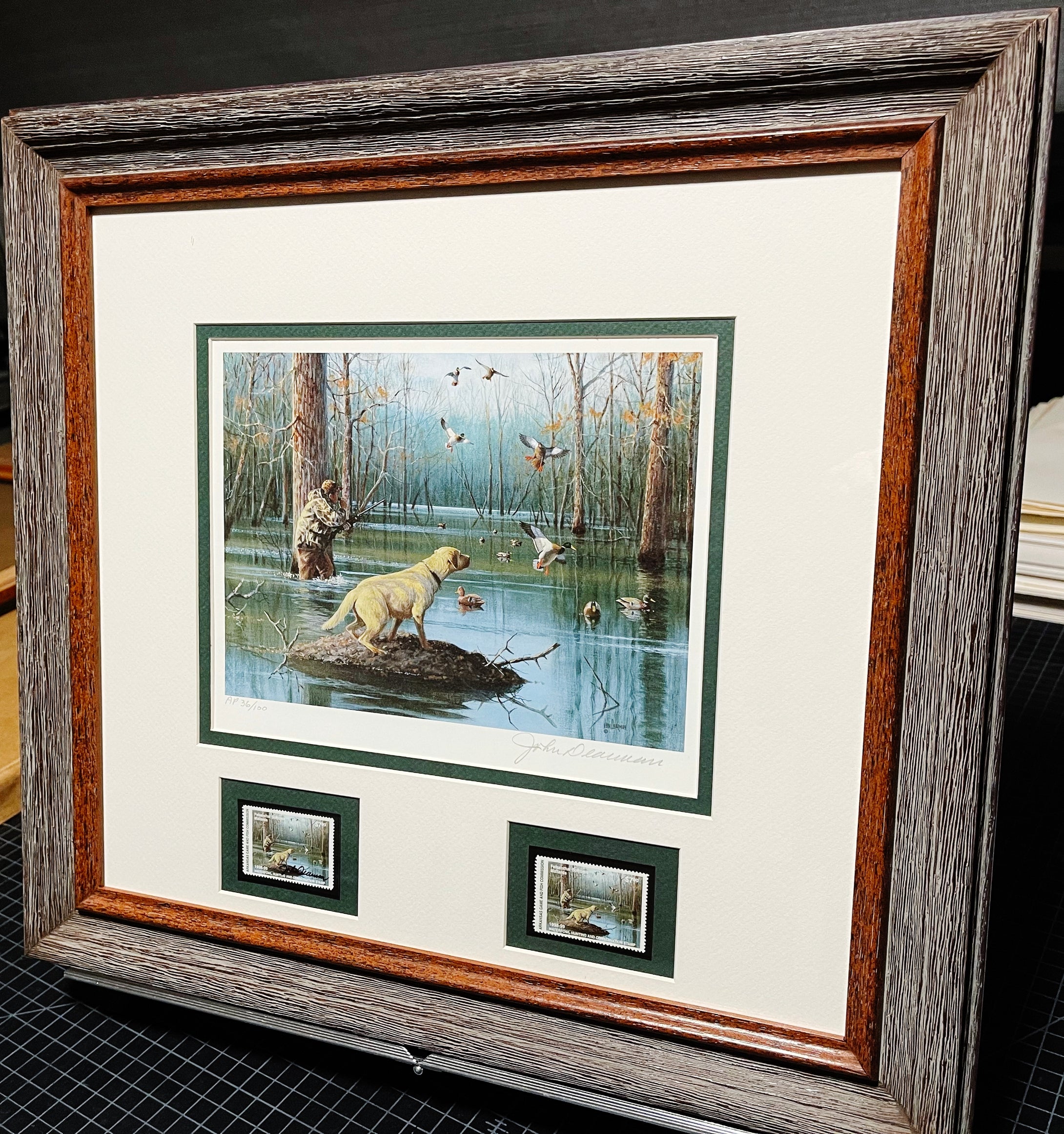 John Dearman 1998 Arkansas Duck Migratory Waterfowl Stamp Print With Double Stamps - AP - Brand New Super Custom Sporting Frame