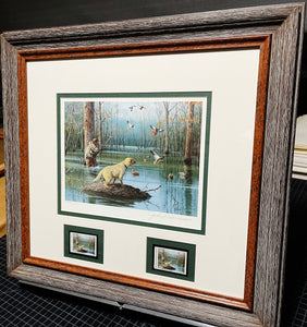 John Dearman - 1998 Arkansas Duck Migratory Waterfowl Stamp Print With Double Stamps - AP - Brand New Custom Sporting Frame
