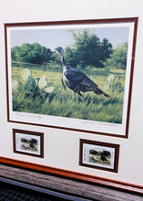 Load image into Gallery viewer, John Dearman 2002 Texas Turkey Stamp Print With Double Stamps - Artist Proof - Rio Grande Gobbler With Double Stamps - Brand New Super Custom Sporting Frame