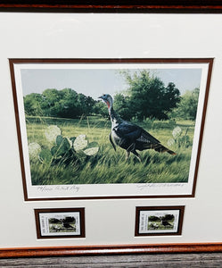 John Dearman 2002 Texas Turkey Stamp Print With Double Stamps - Artist Proof - Rio Grande Gobbler With Double Stamps - Brand New Super Custom Sporting Frame