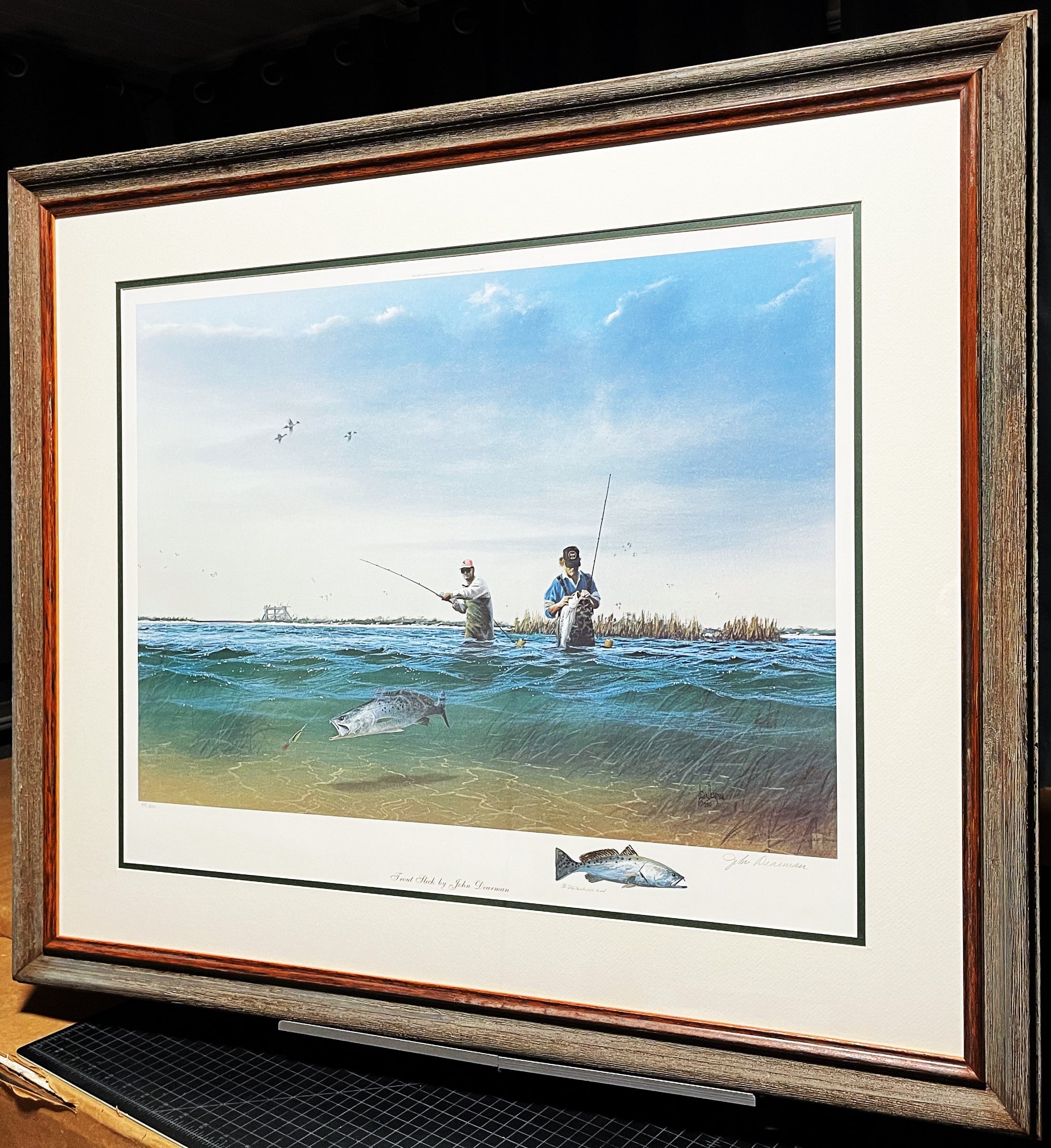 John Dearman Trout Slick Lithograph With Speckled Trout Remarque - Brand New Super Custom Sporting Frame