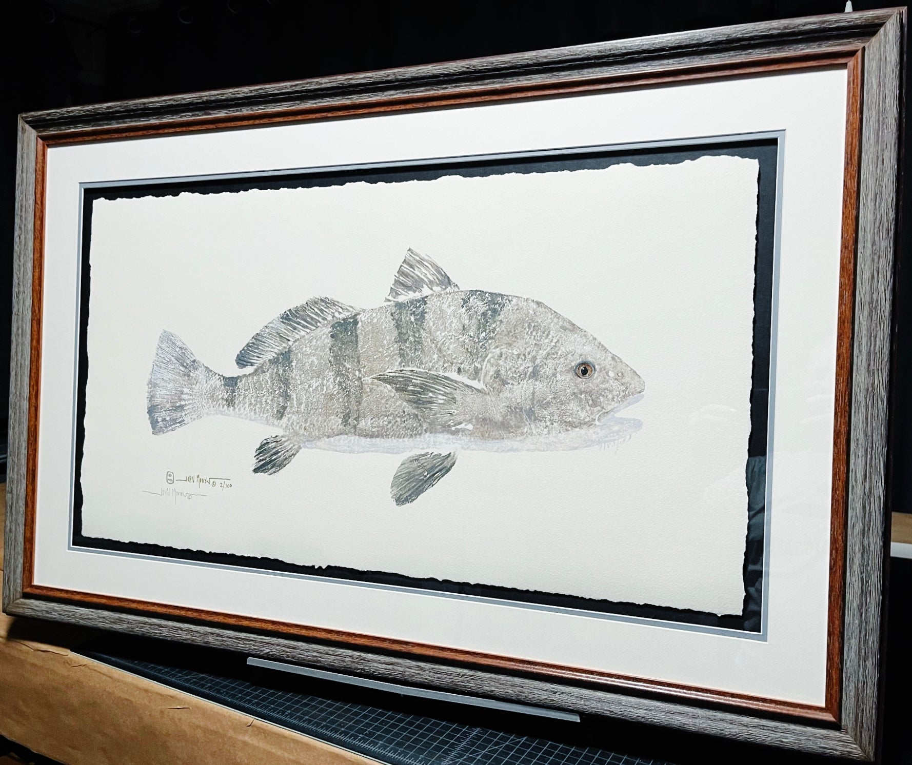 John Morrow Bull Black Drum Gyotaku GiClee - Brand New Super Custom Sporting Frame