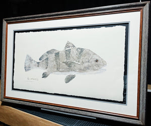 John Morrow Bull Black Drum Gyotaku GiClee - Brand New Super Custom Sporting Frame
