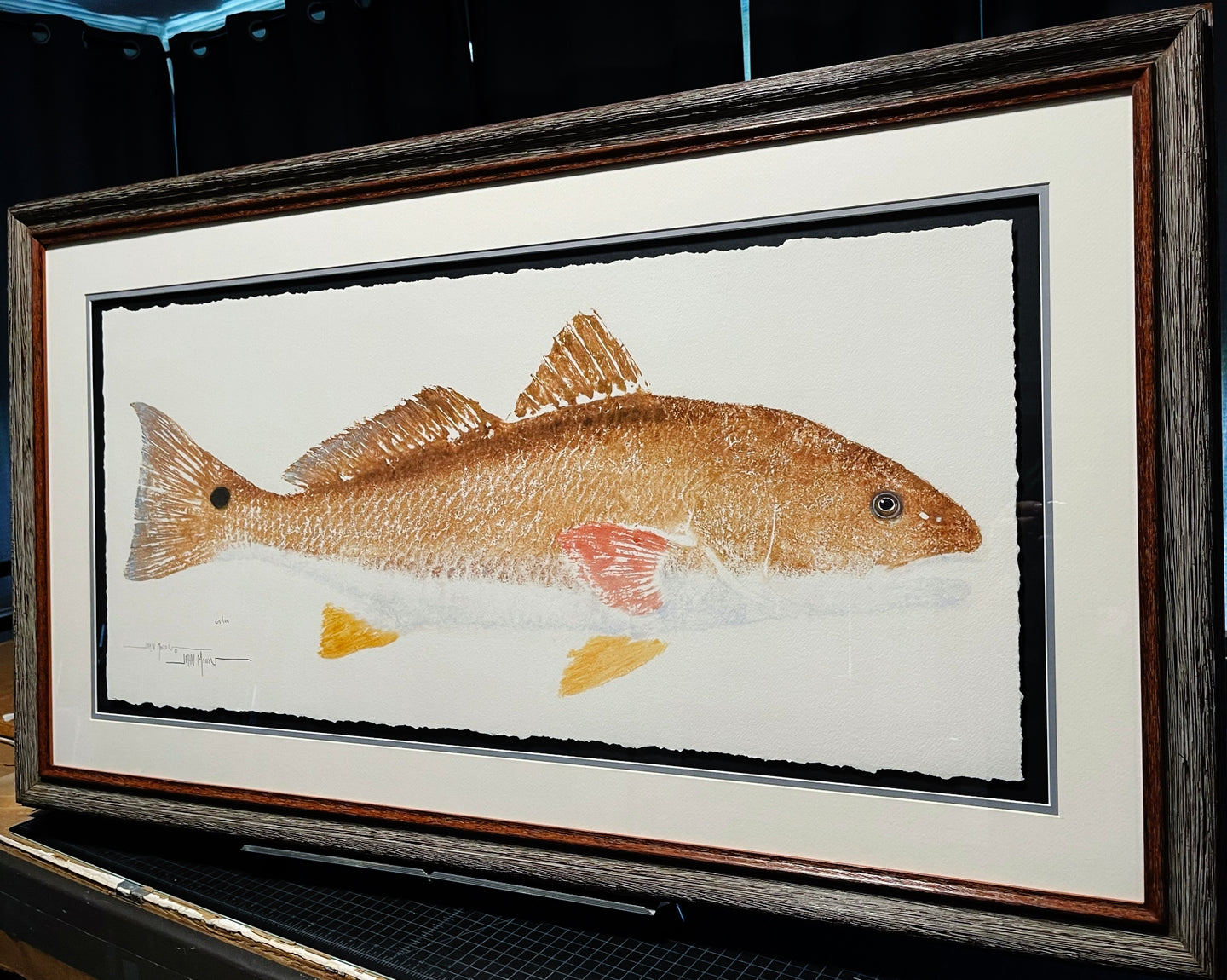 John Morrow - Bull Redfish Gyotaku GiClee - Brand New Custom Sporting Frame