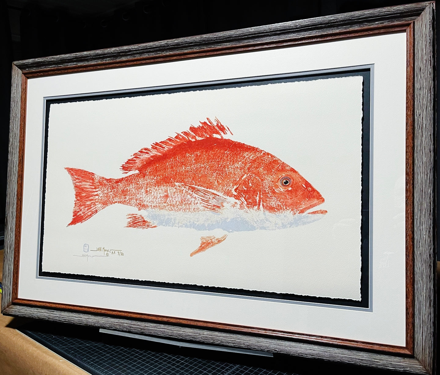 John Morrow - Sow Red Snapper Gyotaku GiClee - Brand New Custom Sporting Frame