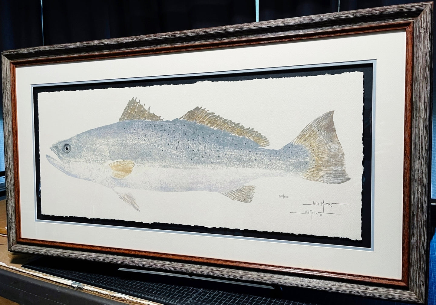 John Morrow - Speckled Trout Gyotaku GiClee - Brand New Custom Sporting Frame