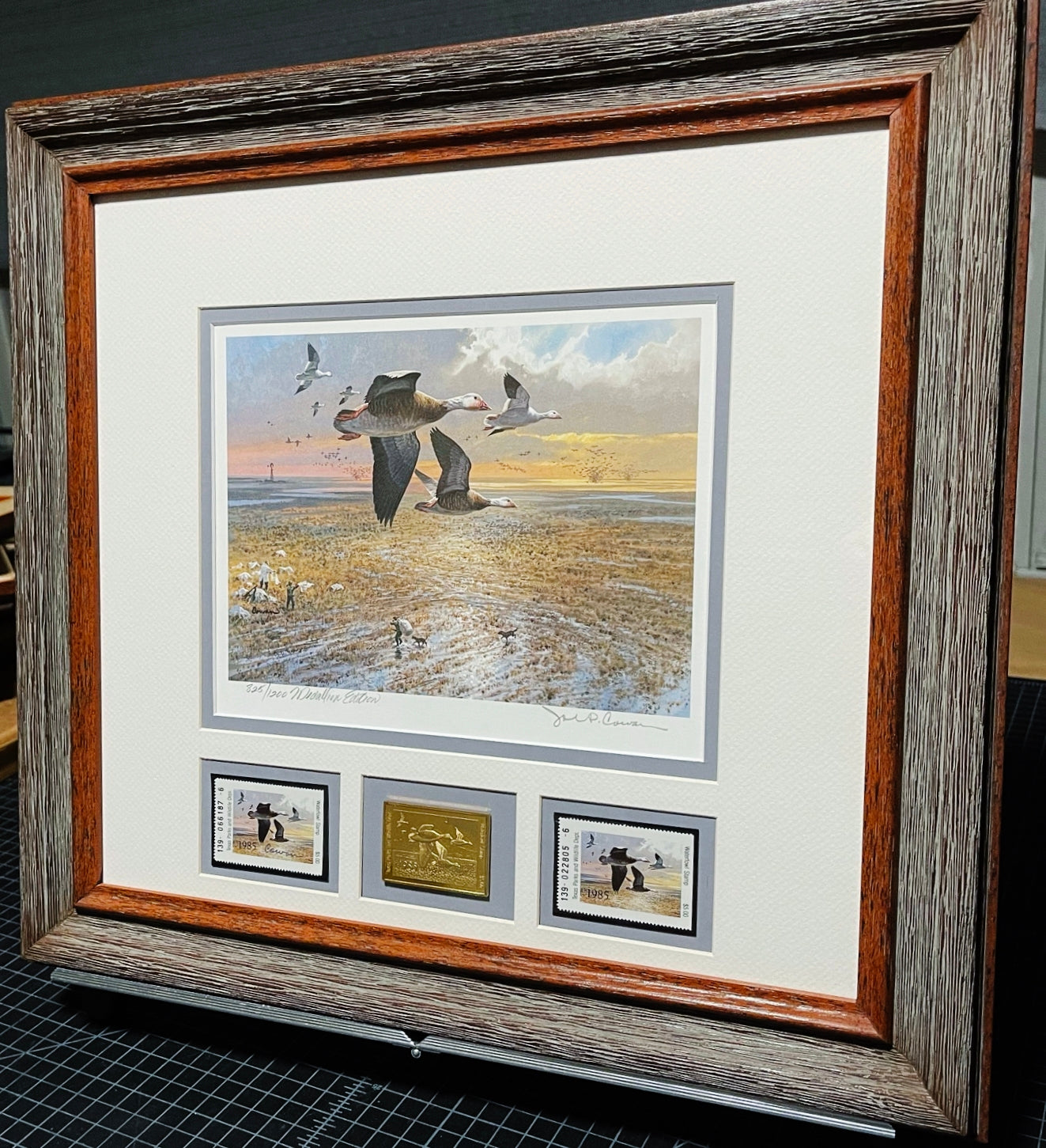 John P. Cowan 1985 Texas Waterfowl Duck Stamp Print Gold Medallion Edition With Double Stamps - Brand New Super Custom Sporting Frame