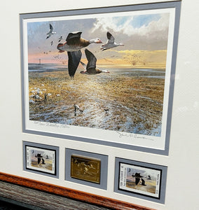 John P. Cowan 1985 Texas Waterfowl Duck Stamp Print Gold Medallion With Double Stamps - Brand New Custom Sporting Frame