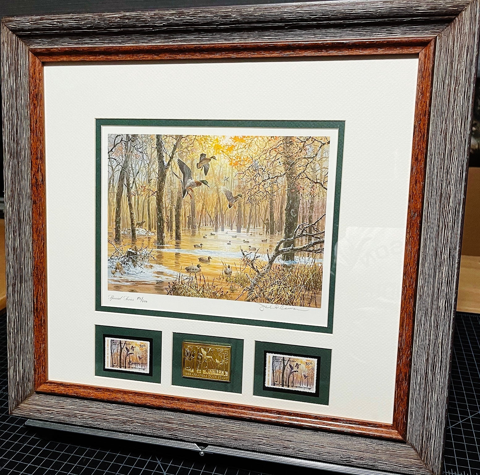 John P. Cowan 1986 Arkansas Duck Stamp Print Special Edition Gold Medallion With Double Stamps - Brand New Super Custom Sporting Frame