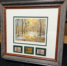 Load image into Gallery viewer, John P. Cowan 1986 Arkansas Duck Stamp Print Special Edition Gold Medallion With Double Stamps - Brand New Super Custom Sporting Frame
