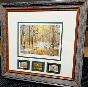 John P. Cowan 1986 Arkansas Duck Stamp Print Special Edition Gold Medallion With Double Stamps - Brand New Super Custom Sporting Frame