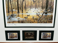 Load image into Gallery viewer, John P. Cowan 1986 Arkansas Duck Stamp Print Special Edition Gold Medallion With Double Stamps - Brand New Super Custom Sporting Frame
