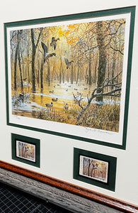John P. Cowan - 1986 Arkansas Duck Stamp Print With Double Stamps - Brand New Custom Sporting Frame