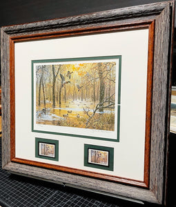 John P. Cowan 1986 Arkansas Duck Stamp Print With Double Stamps - Brand New Super Custom Sporting Frame