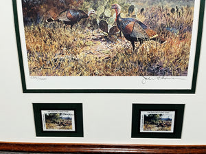 John P. Cowan 1988 Texas Wild Turkey Stamp Print With Double Stamps - Brand New Super Custom Sporting Frame