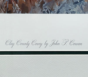 John P. Cowan Clay County Covey Lithograph Year 1992- Brand New Custom Sporting Frame