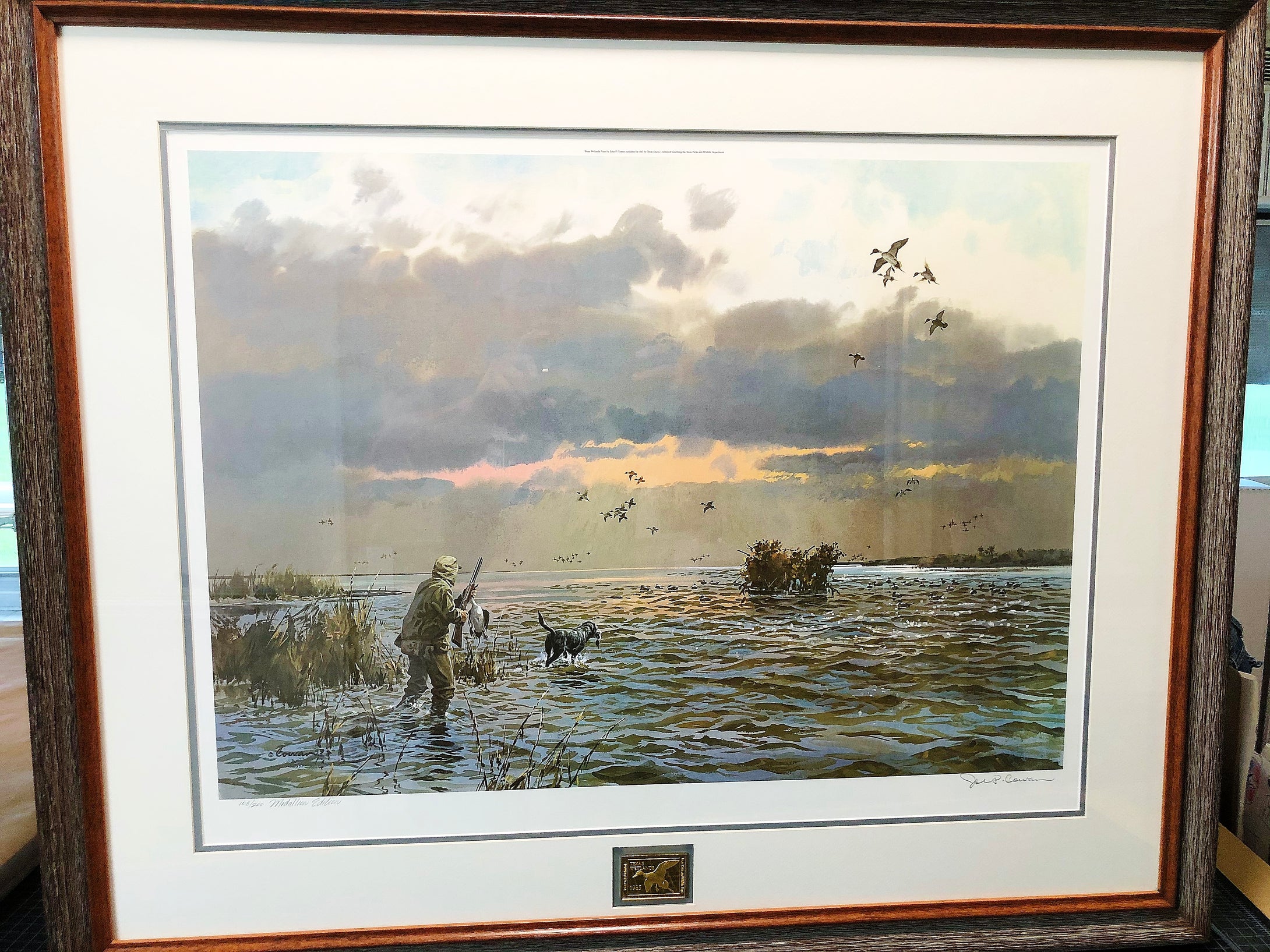 John P. Cowan Coming Home Lithograph Gold Medallion Edition Year 1985 - Brand New Custom Sporting Frame