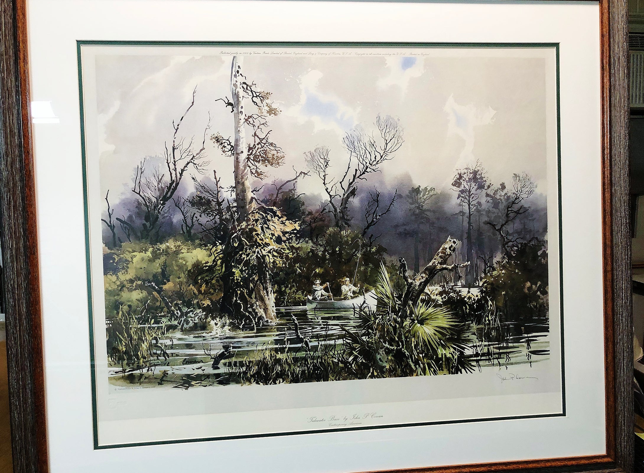 John P. Cowan Tidewater Bass Lithograph Year 1969 - Brand New Super Custom Sporting Frame