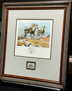 Ken Carlson - 1982 North American Wild Sheep Federation Stamp Print With Stamp - Ram Remarque - Brand New Custom Sporting Frame