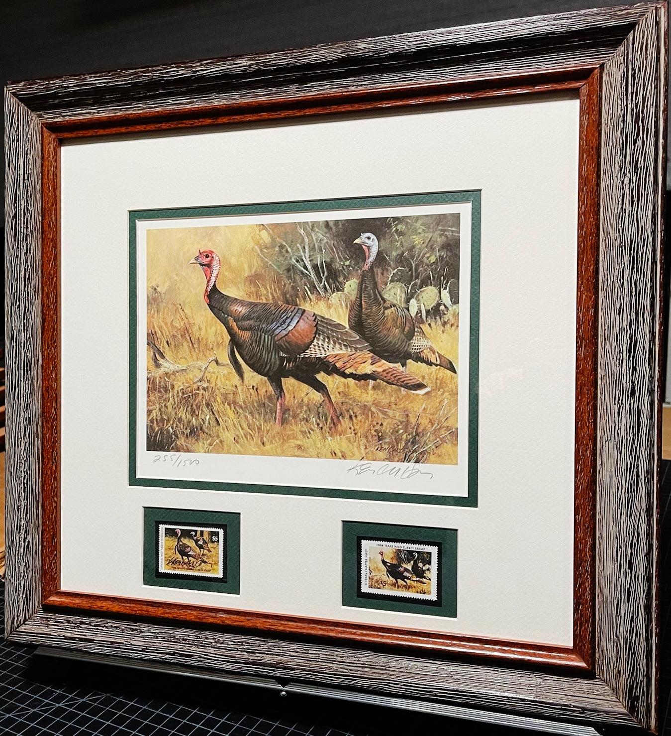 Ken Carlson 1984 Texas Turkey Stamp Print With Double Stamps - First Of Series - Brand New Super Custom Sporting Frame
