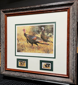 Ken Carlson 1984 Texas Turkey Stamp Print With Double Stamps - First Of Series - Brand New Super Custom Sporting Frame