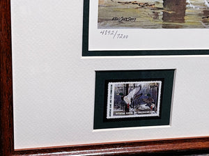 Ken Carlson 1985 Arkansas Waterfowl Hunting And Conservation Stamp Print With Double Stamps - Brand New Custom Sporting Frame