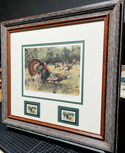 Ken Carlson - 1987 Texas Turkey Stamp Print With Double Stamps - Brand New Custom Sporting Frame