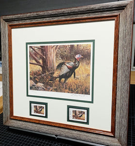 Ken Carlson - 1992 Texas Turkey Stamp Print With Double Stamps - Brand New Custom Sporting Frame
