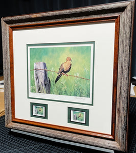 Les McDonald 2003 Quail Unlimited Dove Conservation Stamp Print Artist Proof With Double Stamps - Brand New Custom Sporting Frame