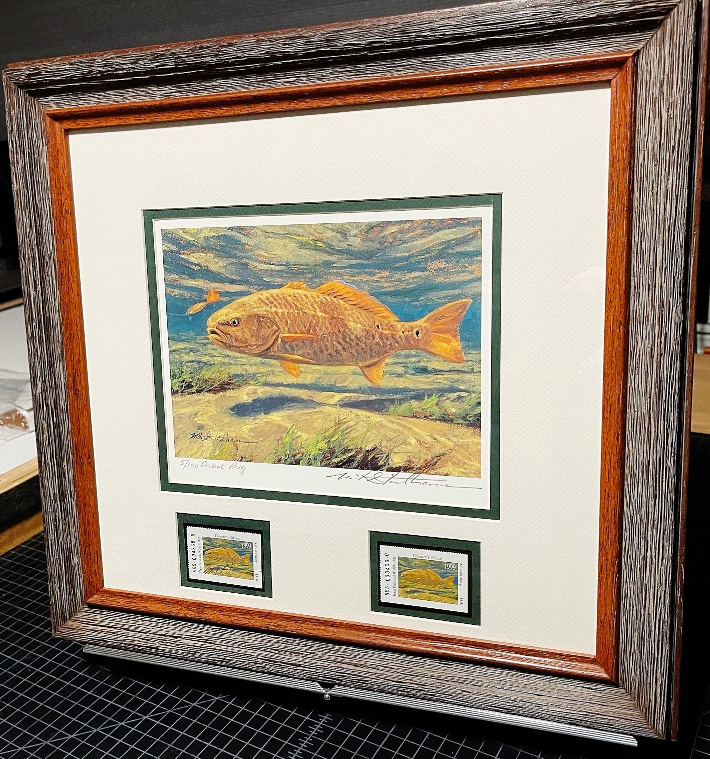Mike Stidham - 1999 Texas Saltwater Stamp Print With Double Stamps - AP - Brand New Custom Sporting Frame