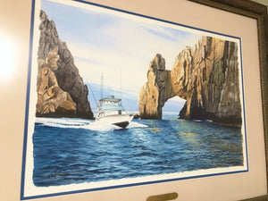 Les McDonald Fishing Cabo Original Half Sheet Watercolor Painting - Brand New Custom Sporting Framee