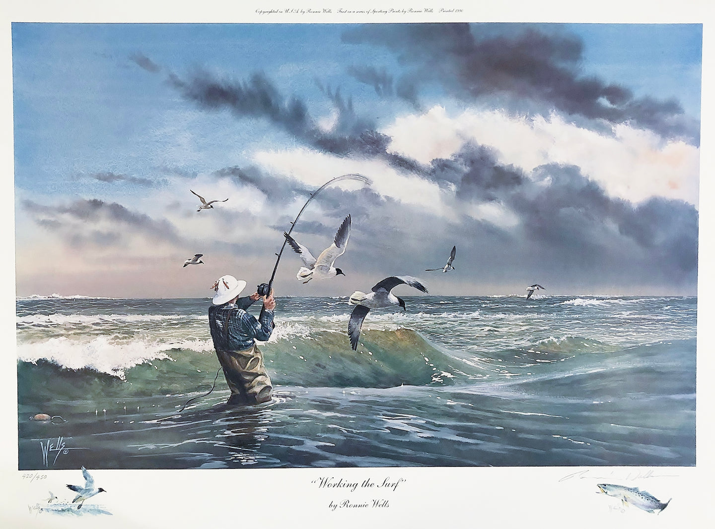 Ronnie Wells - Working The Surf Lithograph With Speck & Gull Remarque's 1990 - Brand New Custom Sporting Frame